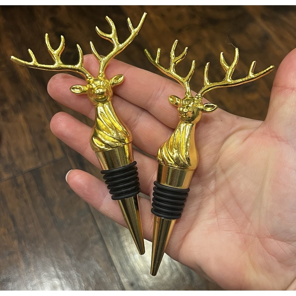 Set‎ of 2 Wild Eye Designs Wine Bottle Stoppers Gold Reindeer Antlers Hunters